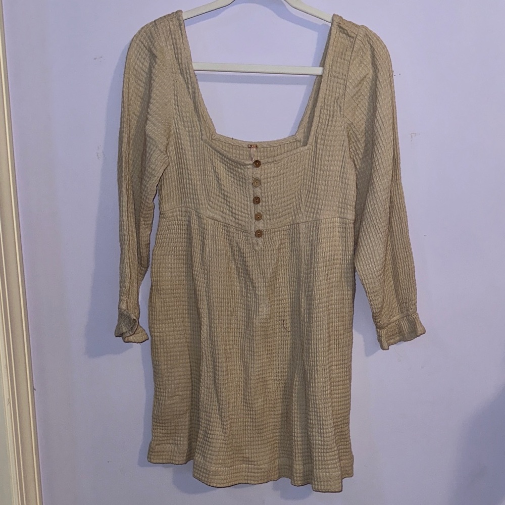 Free People Beige Long Sleeve Dress with Button Detail